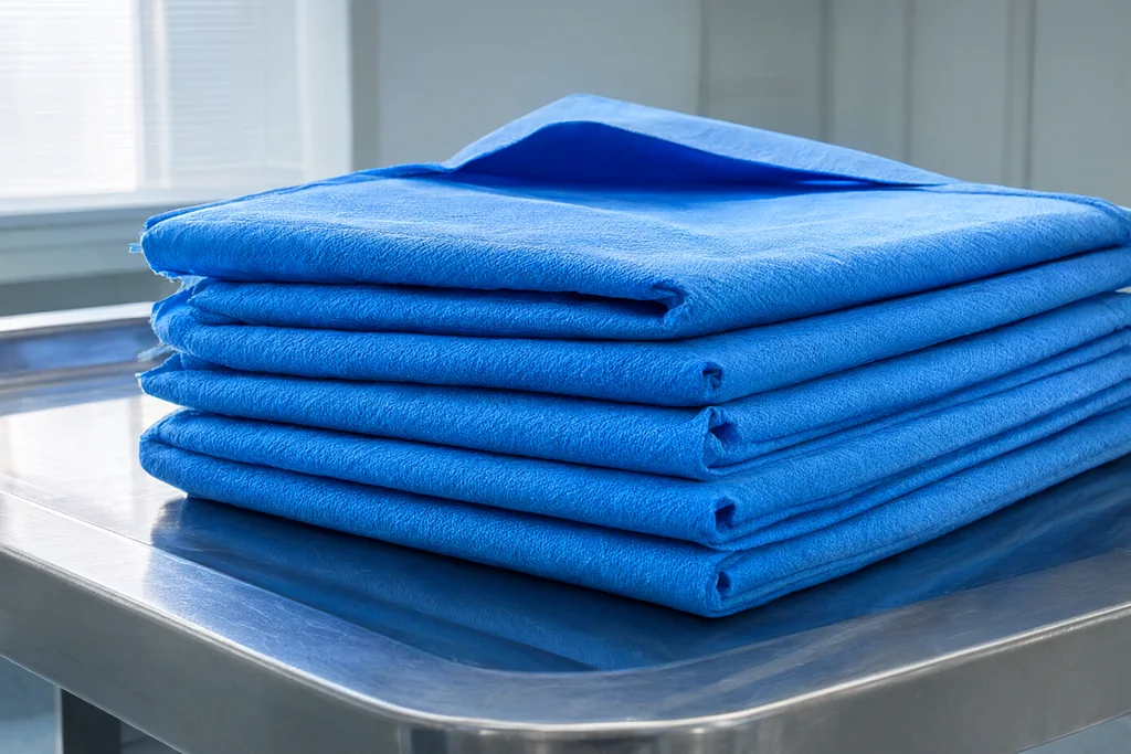 Sterile blue surgical drapes opened on a stainless steel table in an operating theatre