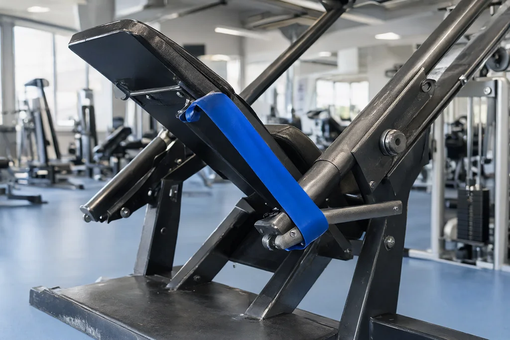 Resistance band looped on the frame of a leg extension machine in a rehabilitation gym