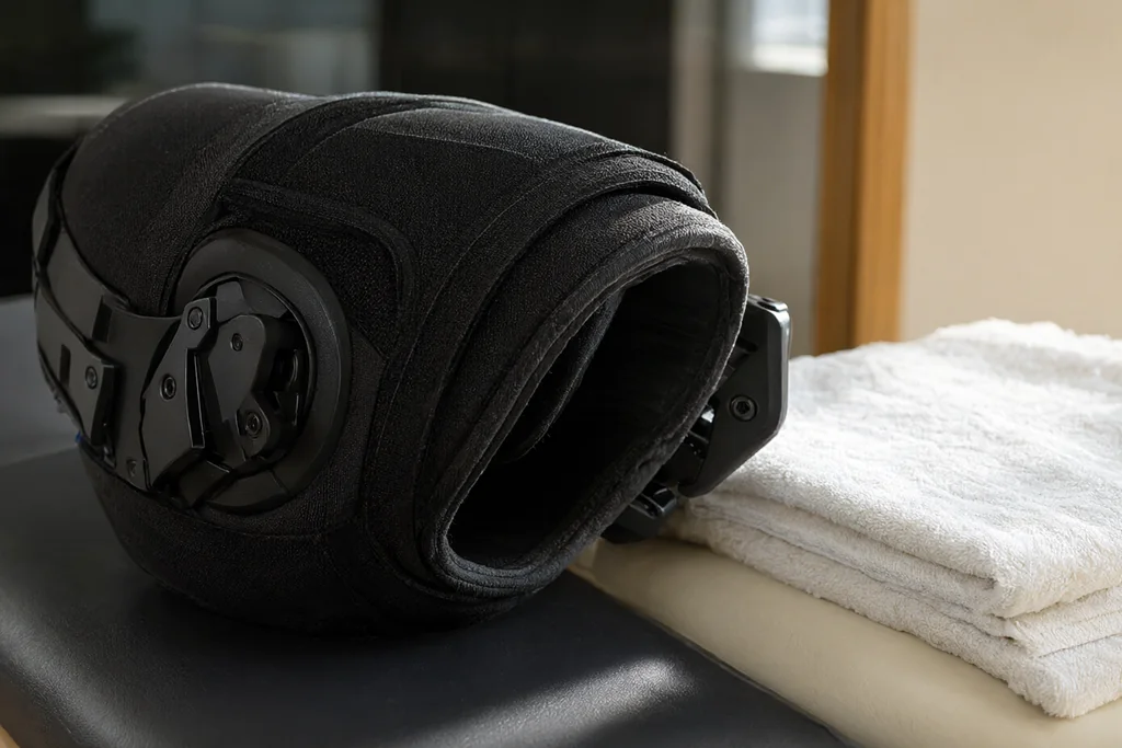 Hinged knee brace resting on a treatment couch beside a folded towel