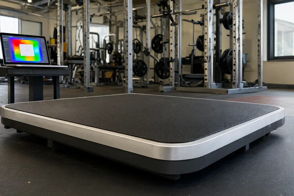 Force plate platform on a gym floor with a recording station in the background