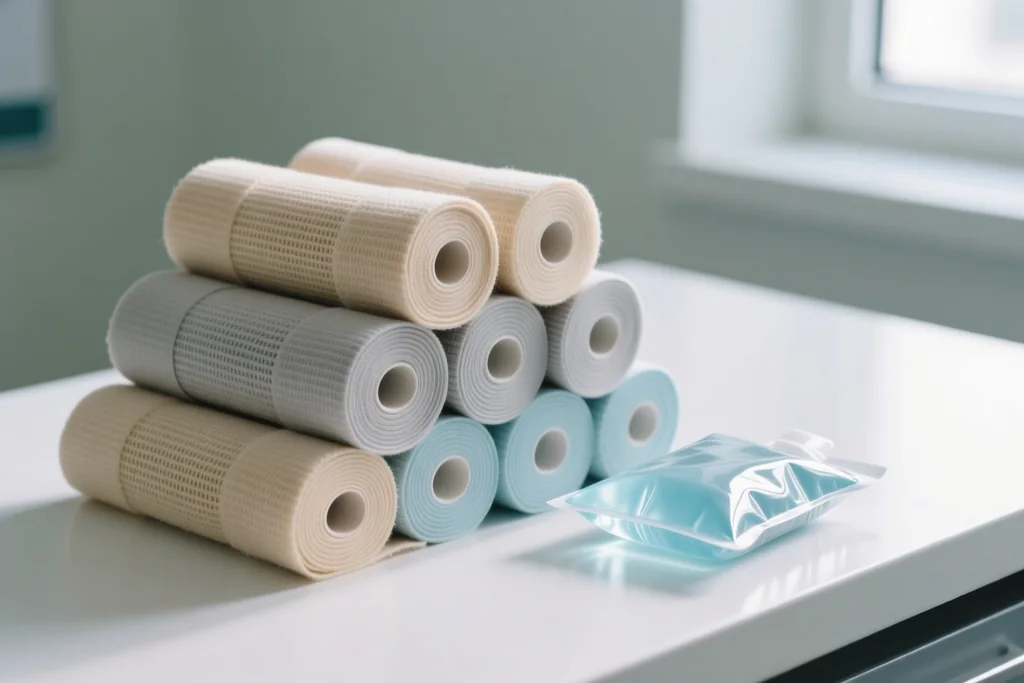 Rolled compression bandages and a small gel ice pack on a clinic counter