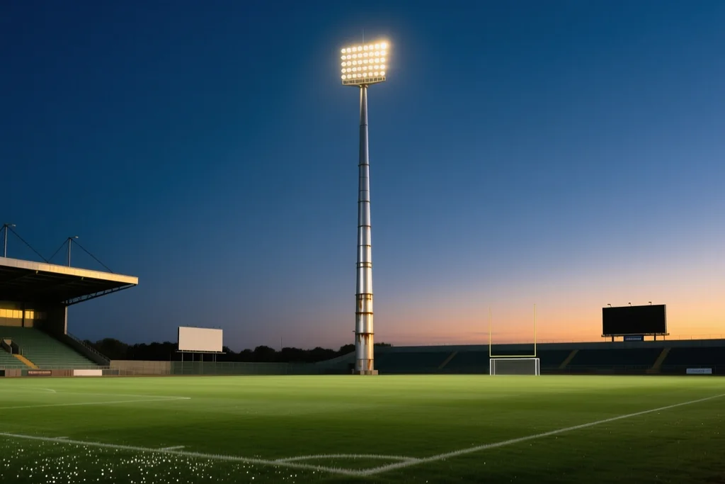 Stadium floodlight pylon against a deep blue evening sky above an empty pitch