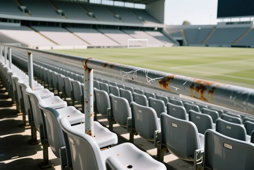 Grey plastic seats of an empty stadium stand with a pitchside barrier rail