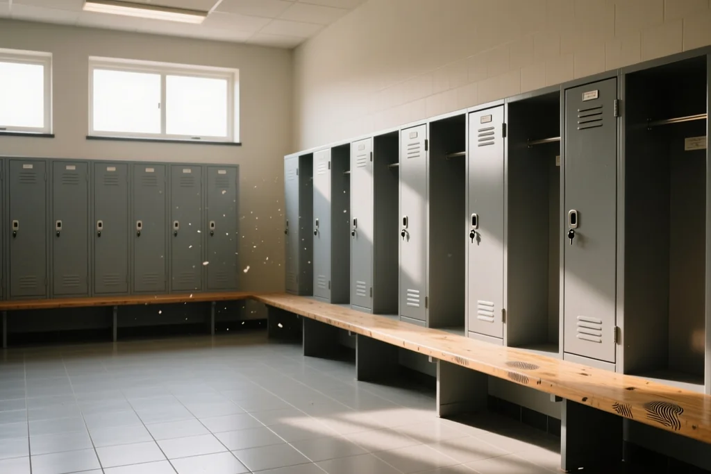 Empty football changing room with wooden benches and plain metal lockers