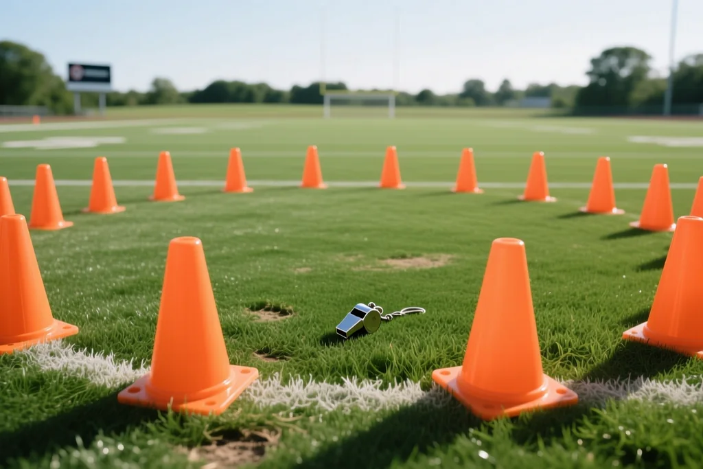 Training cones arranged in a wide circle on a green pitch with a whistle beside them