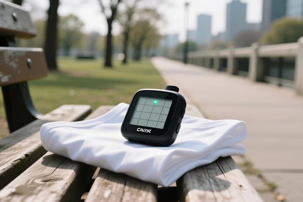 Small black GPS unit resting on a folded plain training bib on a bench