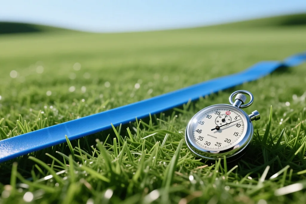 Blue elastic resistance band stretched on green mown grass beside a stopwatch