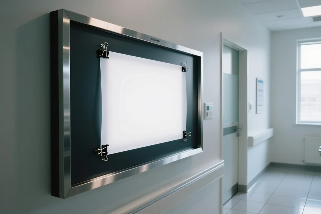 Blank medical scan film clipped to a backlit viewing box in a clinic