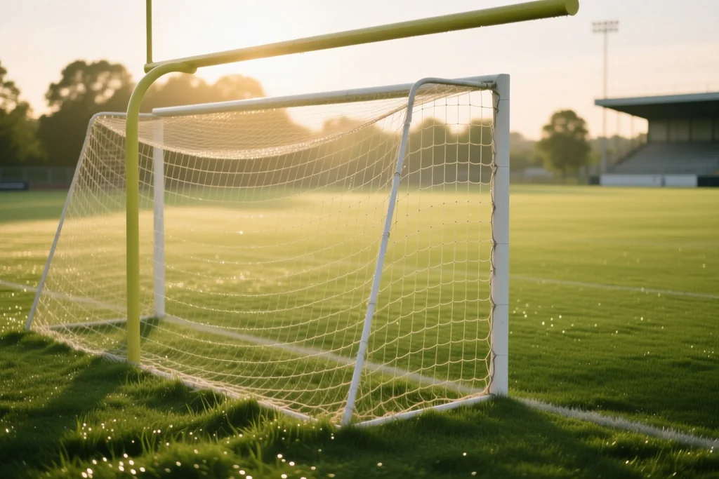 Empty goal net at the edge of a green pitch in soft afternoon light