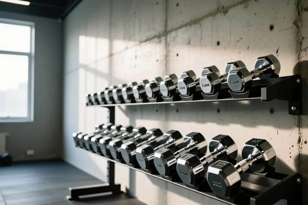 Set of small dumbbells racked on a gym wall in an empty training ground gym
