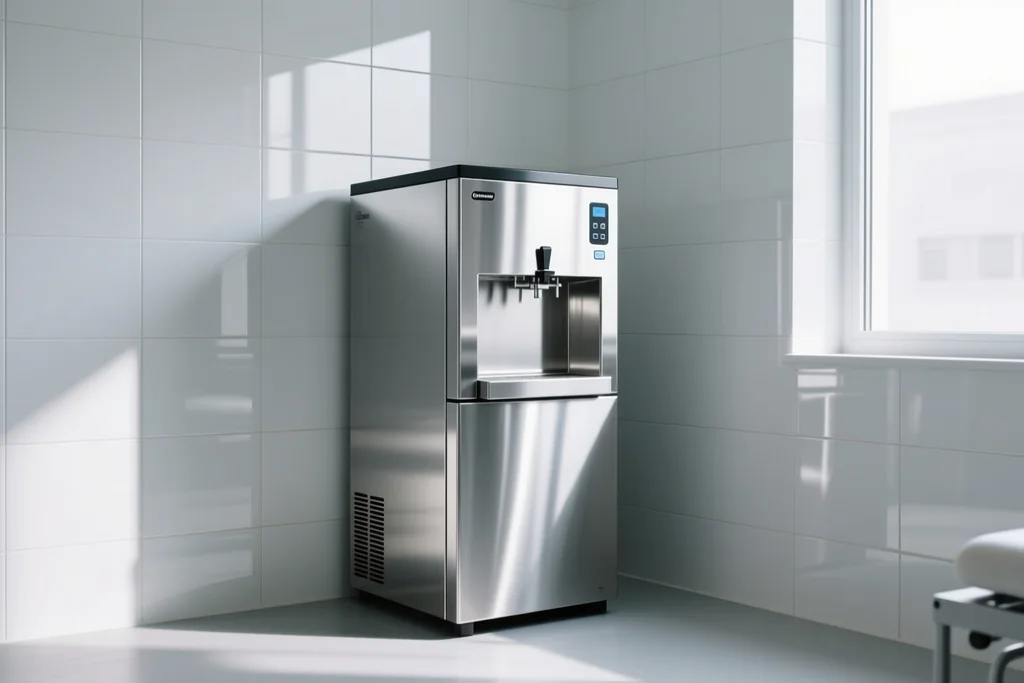 Stainless steel ice machine in the corner of an empty treatment room with tiled walls
