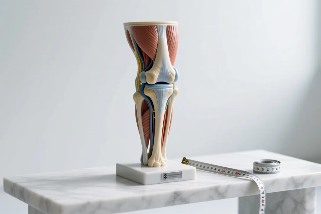 Anatomical knee joint model on a clean white bench in a clinic
