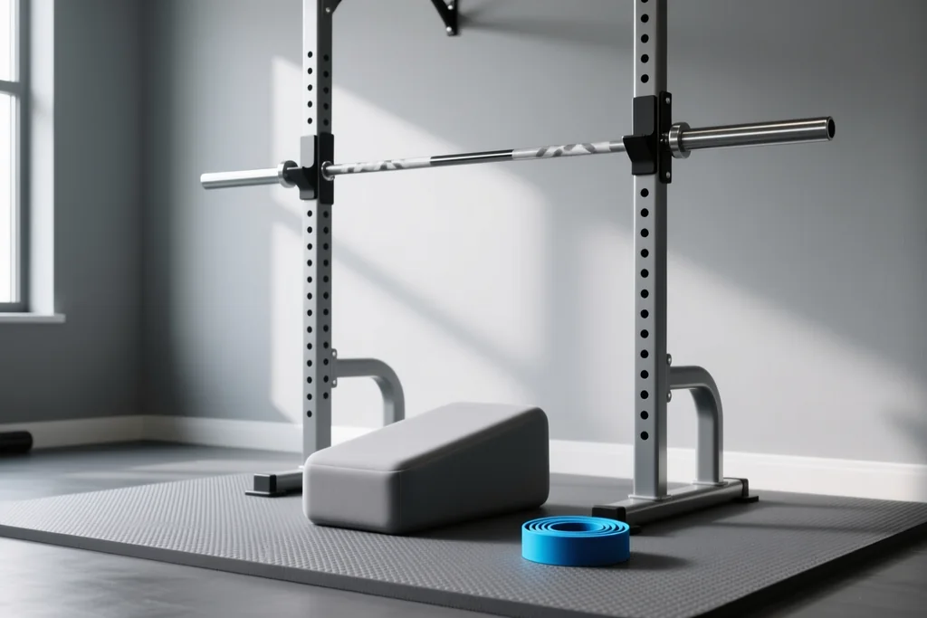 Grey gym matting with a foam kneeling wedge and a rolled resistance band at the foot of a rack
