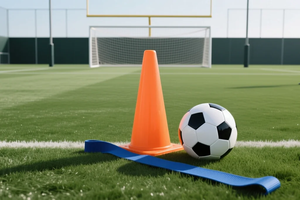 Orange training cone beside a handheld sport timer on green grass