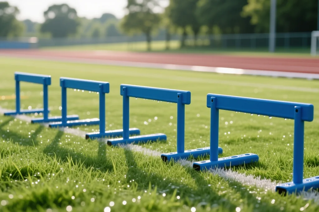 Small blue mini hurdles in a straight line on green grass at a training ground