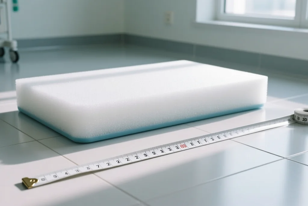 Foam balance pad on a clinic floor with a measuring tape laid straight