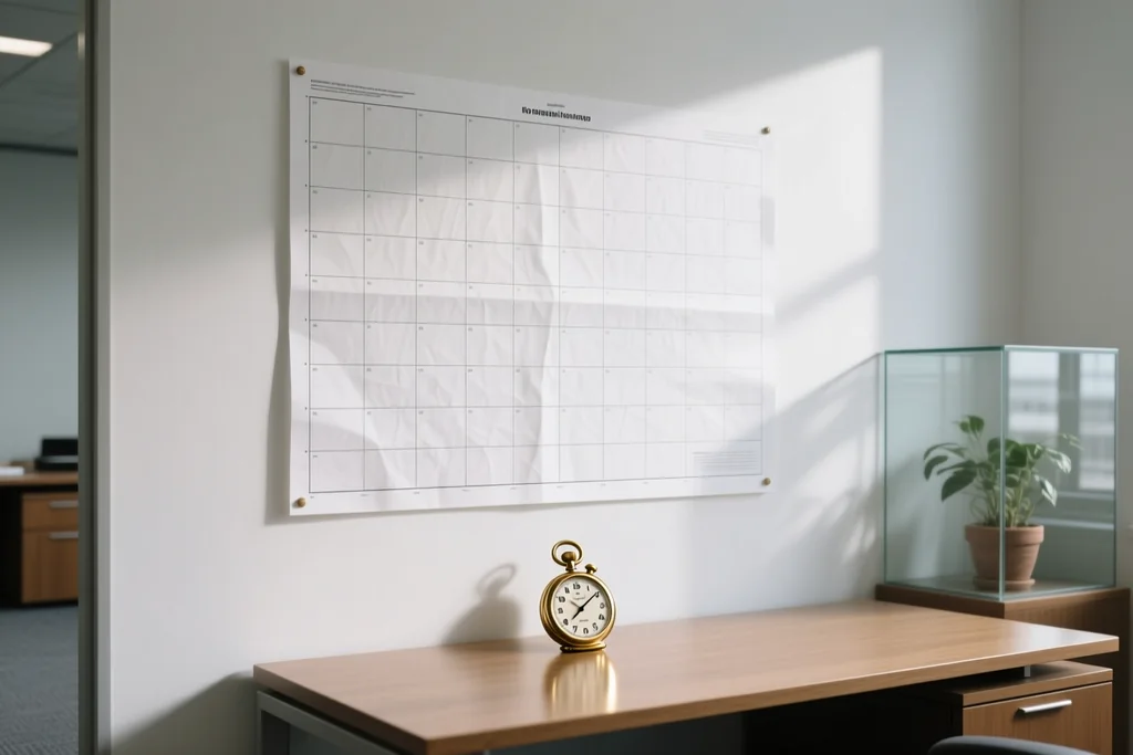 Plain white wall chart with an empty grid above a desk holding a stopwatch