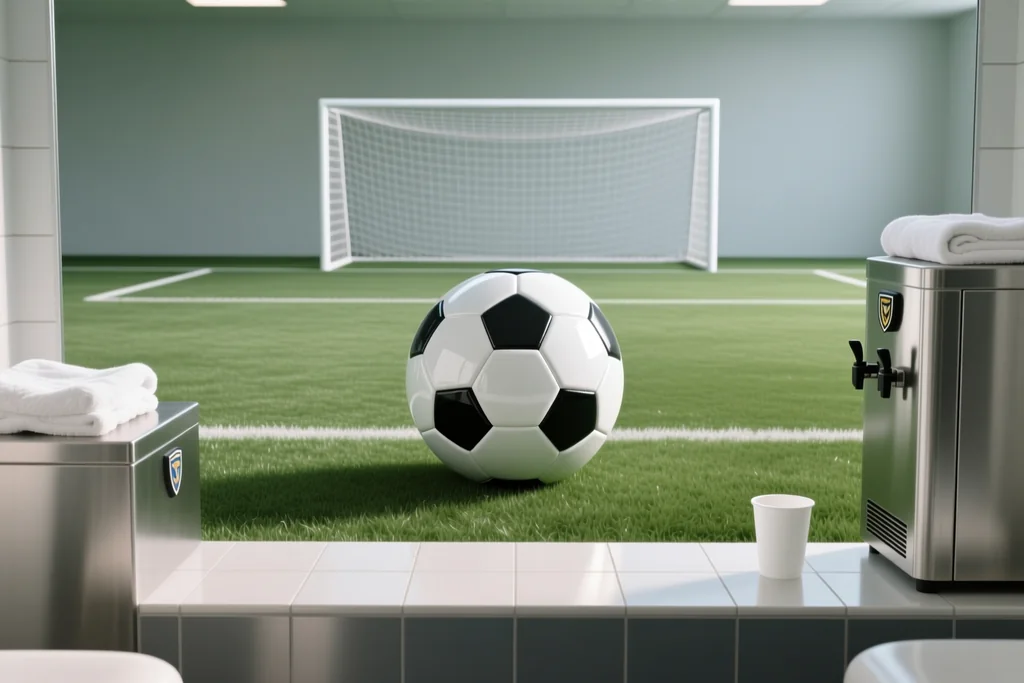 Handheld sports timer and a blank clipboard resting on a bench beside a pitch