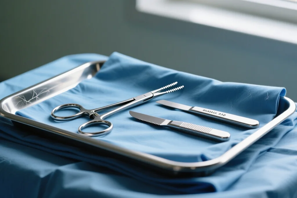 Sterile surgical tray with stainless steel instruments on blue drapes