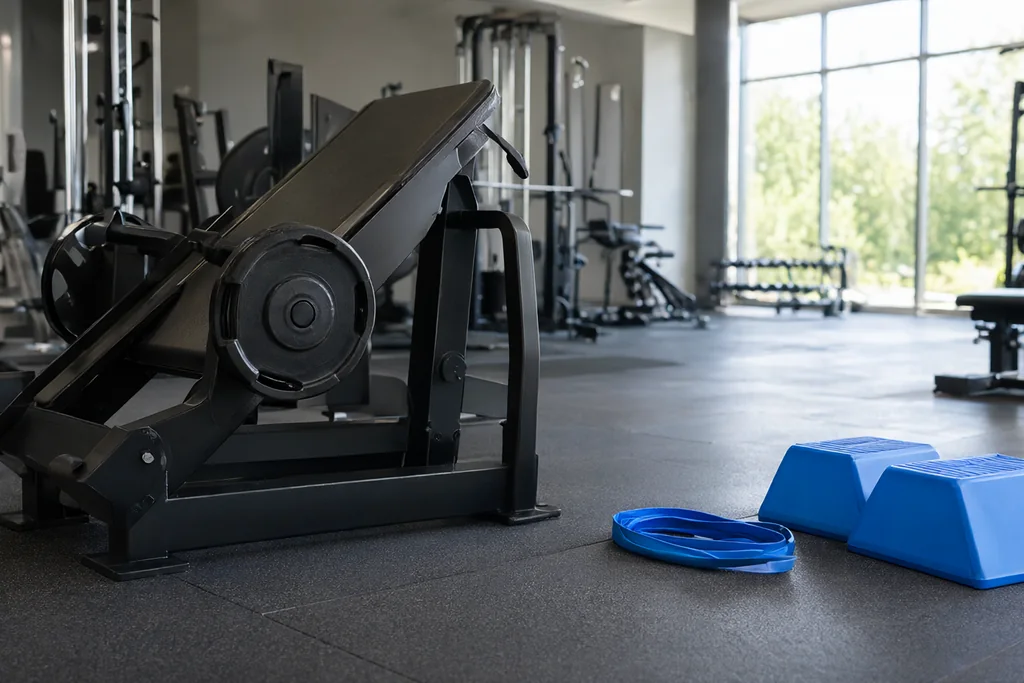 Empty rehabilitation gym with a leg-press machine and resistance bands in daylight
