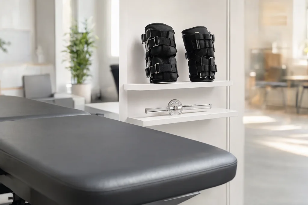 Physiotherapy treatment table with knee braces and a goniometer