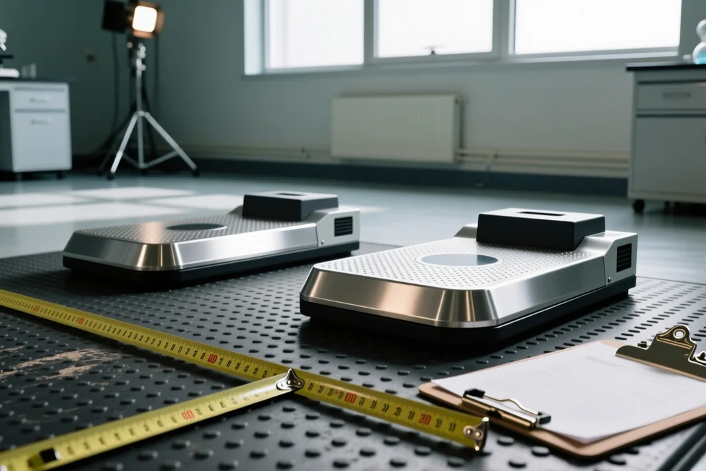 Force plates and a measuring tape on a sports science laboratory floor