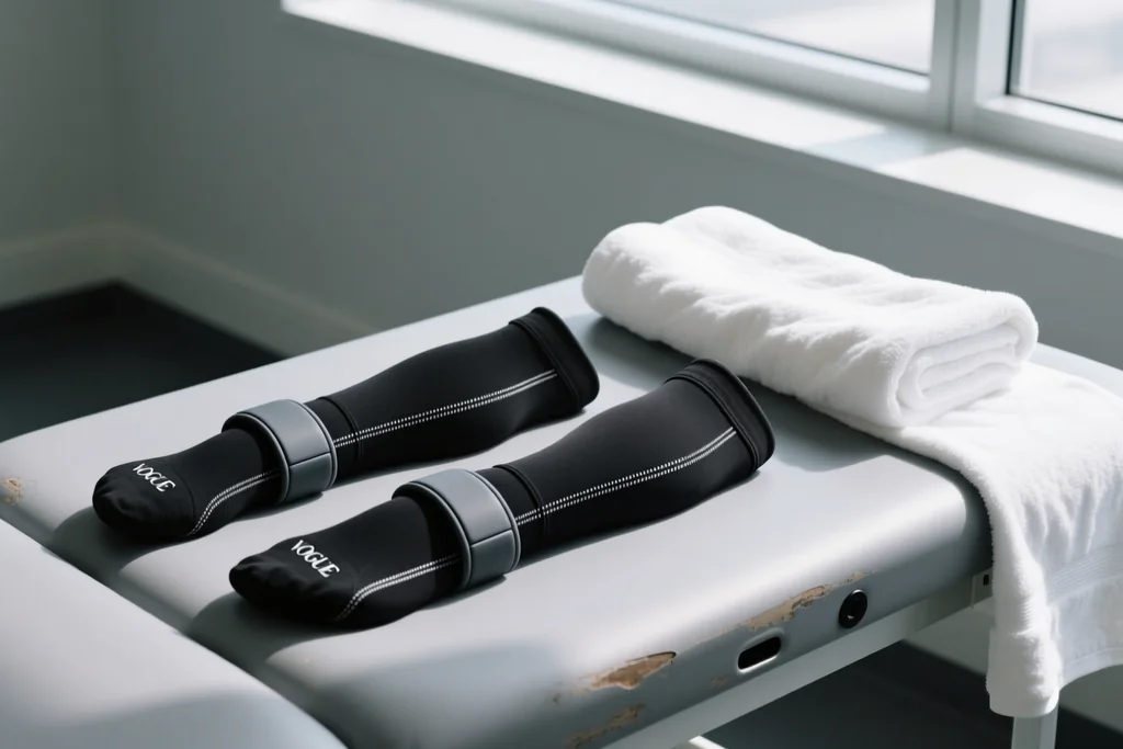 Compression sleeves and an ice wrap on a treatment bench