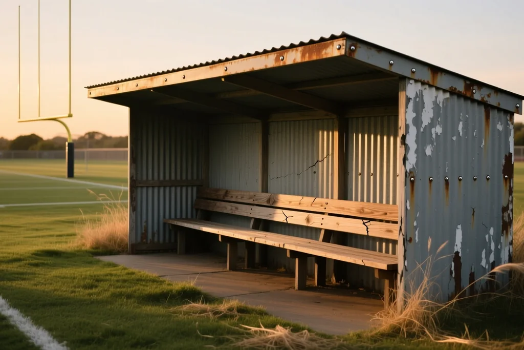 Bench and dugout shelter on an empty pitch at dusk