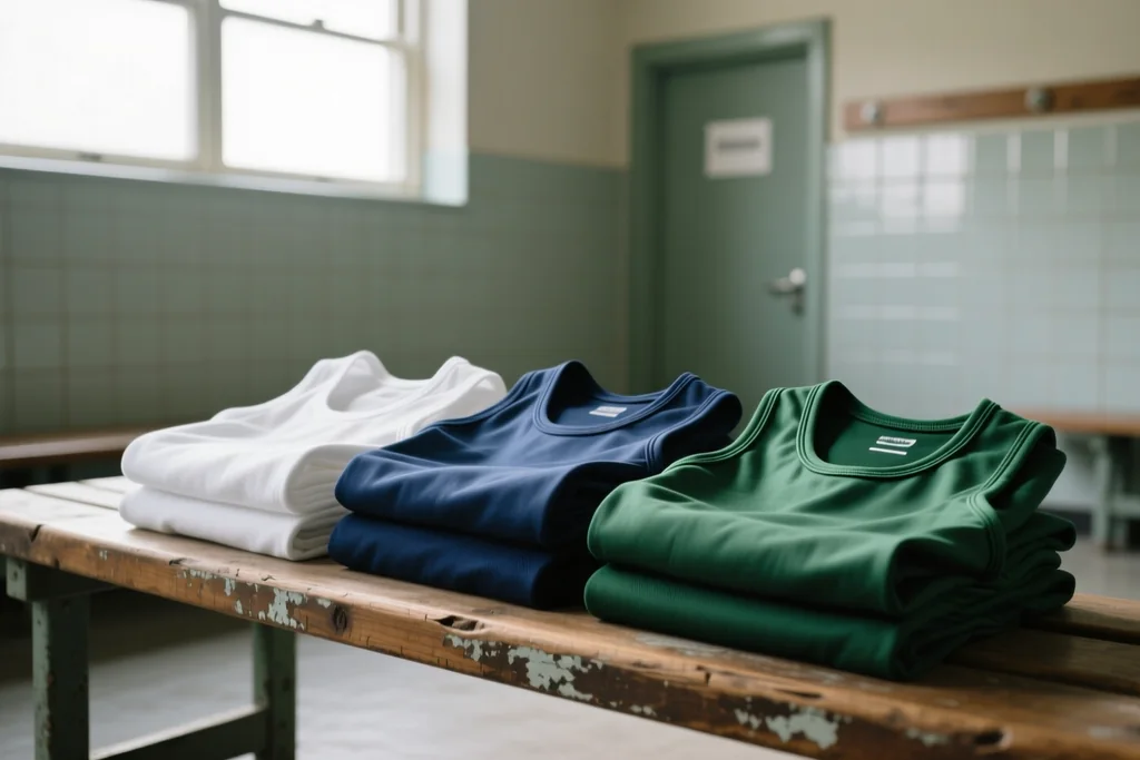 Training bibs stacked on a bench in an empty changing room