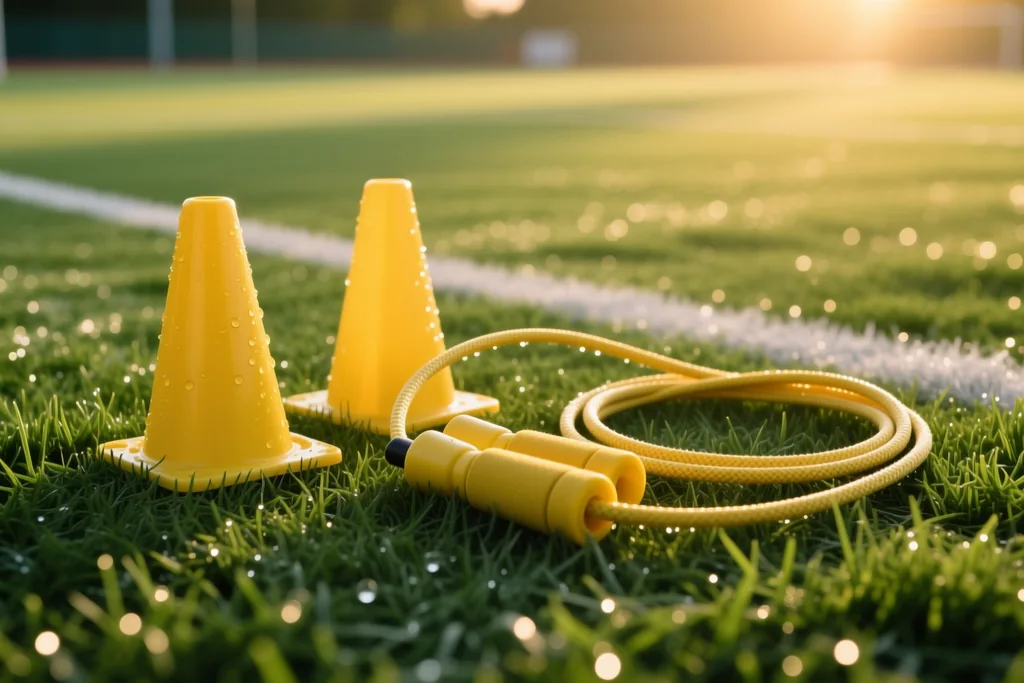 Warm-up cones and a skipping rope on a pitch at dawn
