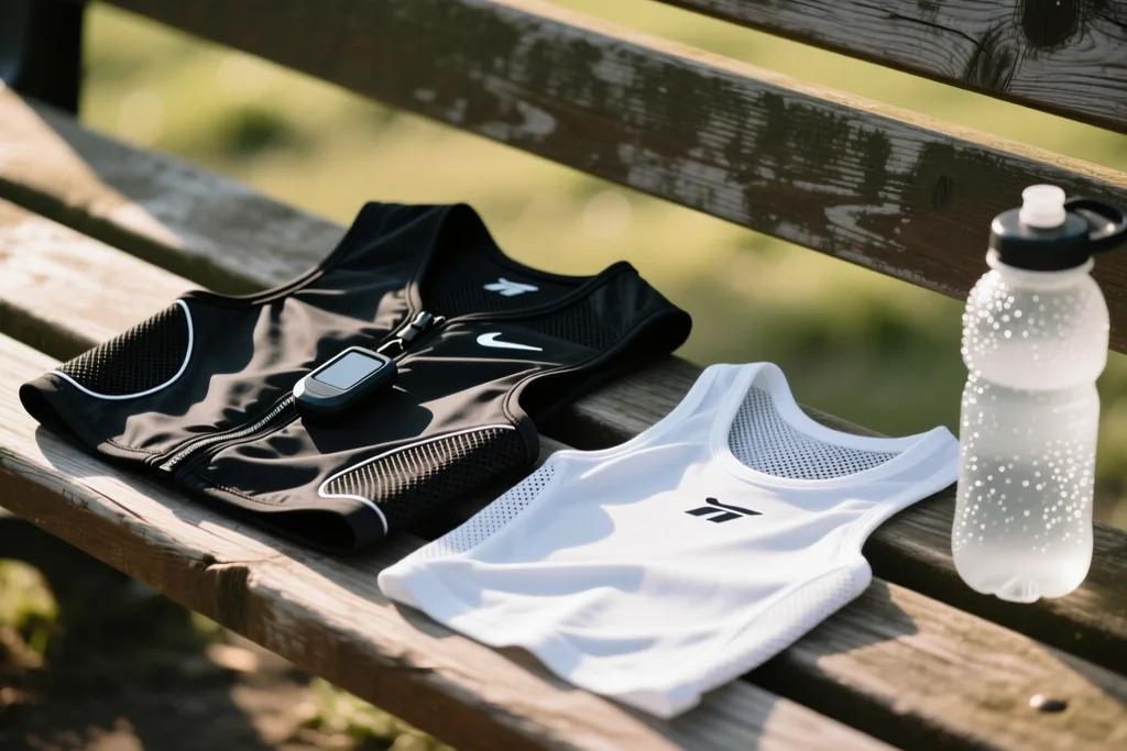 GPS vest and a training bib laid out on a bench