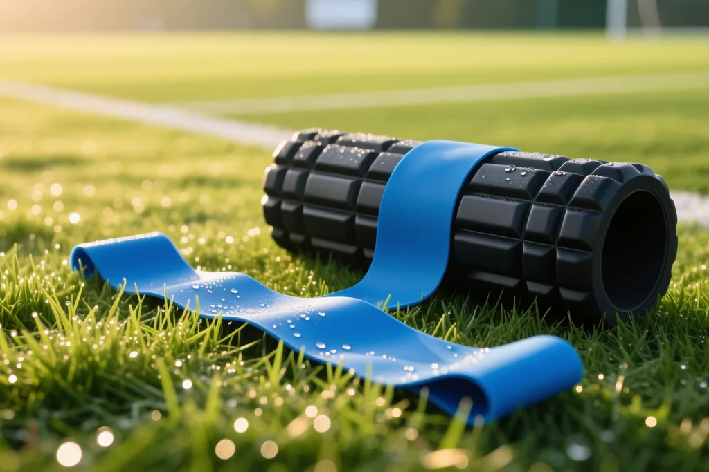Resistance bands and a foam roller on grass at a training ground