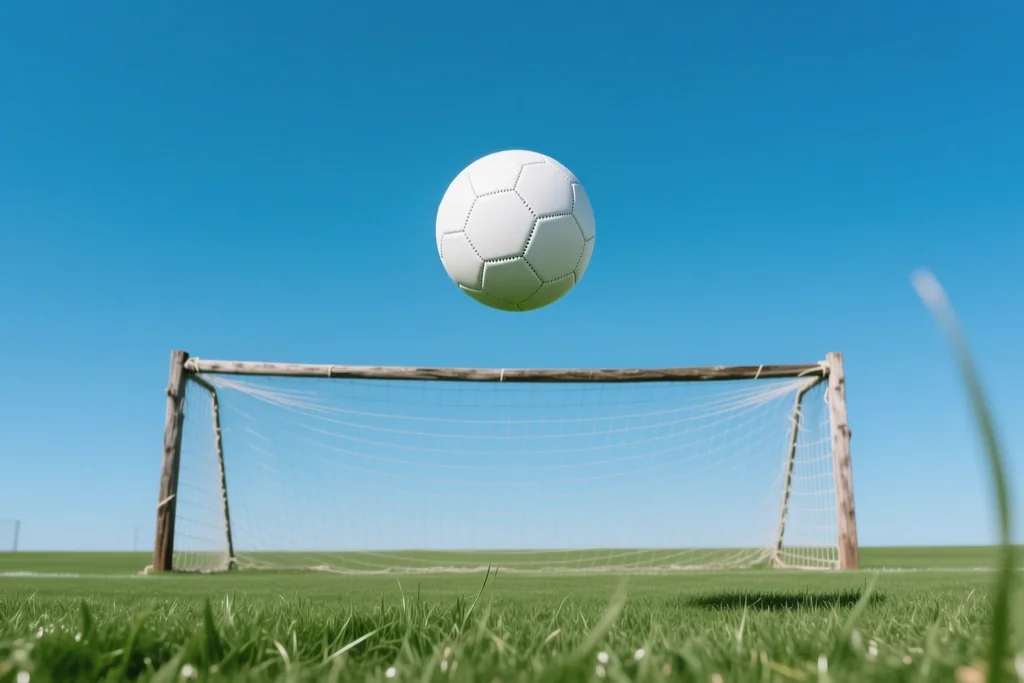 A football in flight above an empty training pitch goal