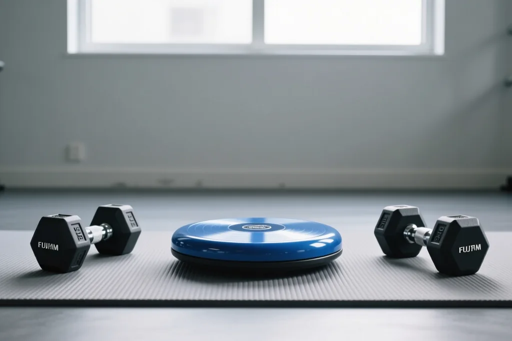 Balance discs and small dumbbells in an empty gym