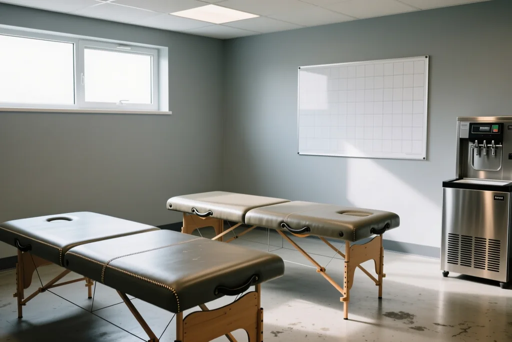 Treatment room with empty tables and ice machine