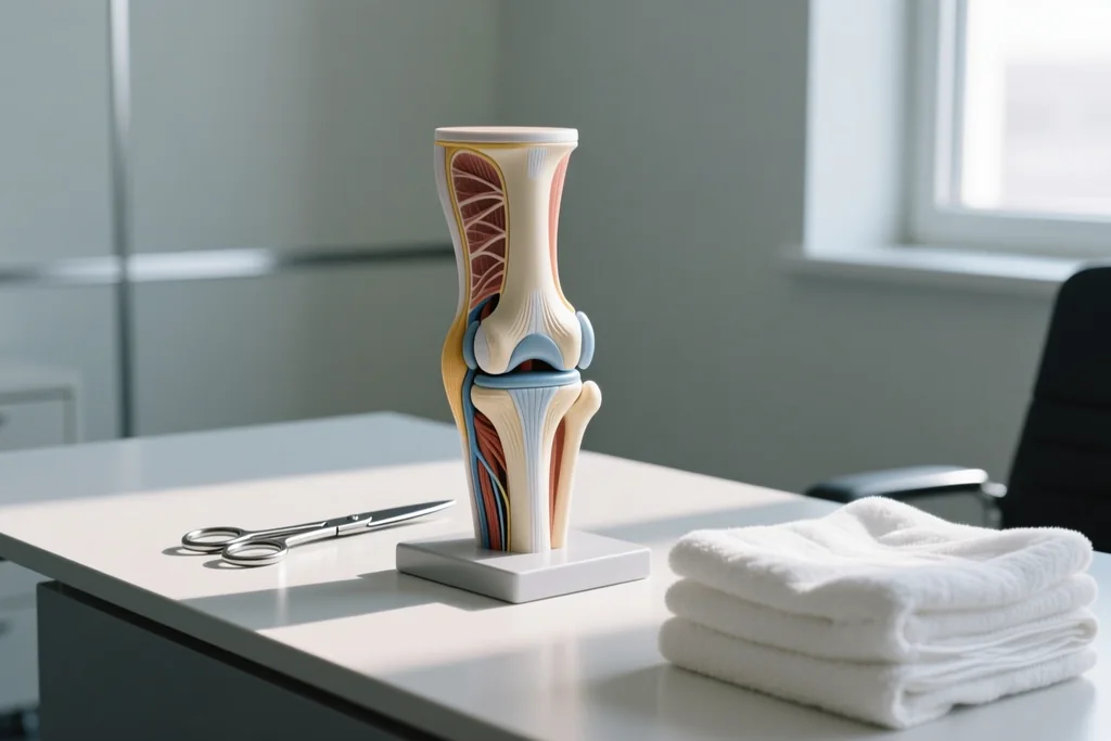 Surgical scissors and a knee model on a consultancy desk