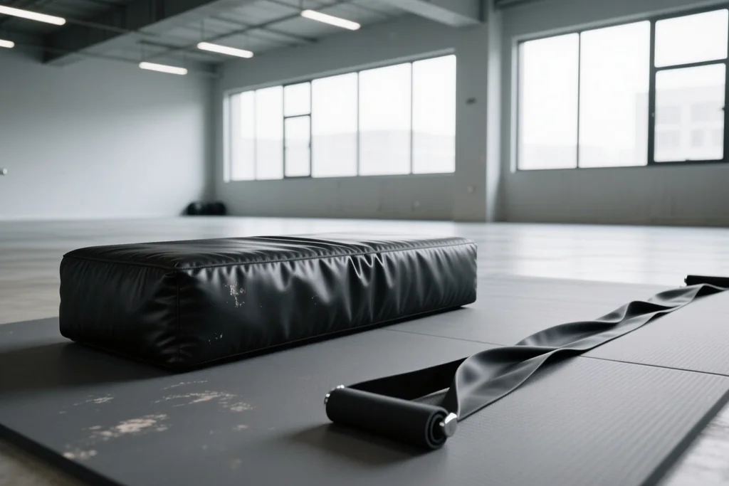 Kneeling pad and resistance band on gym matting
