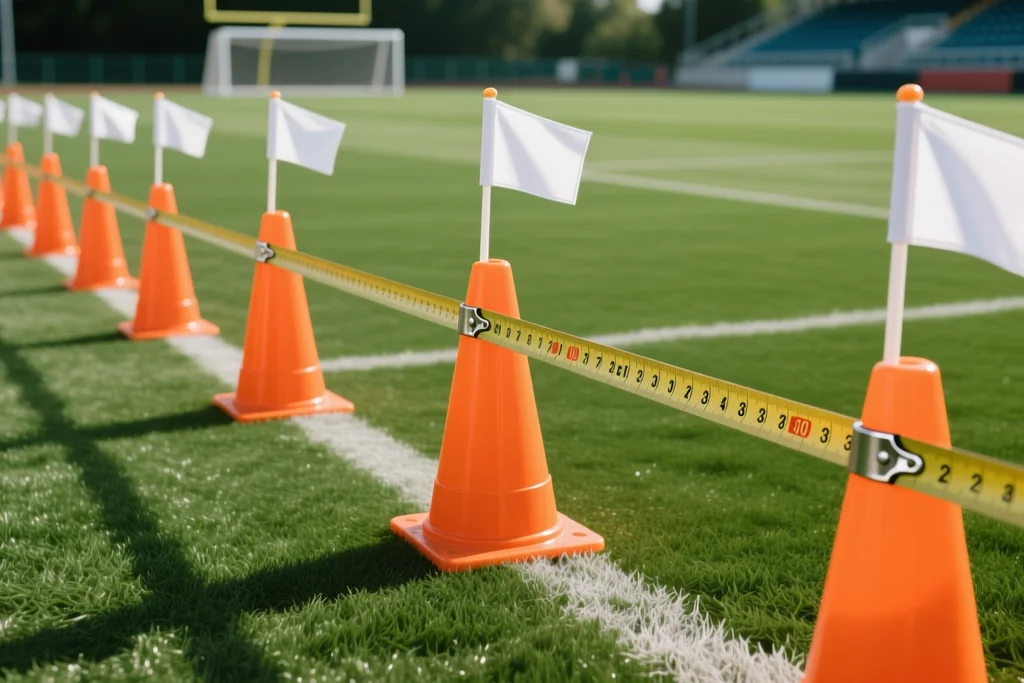 Sprint markers and cones on a training pitch measured with a tape
