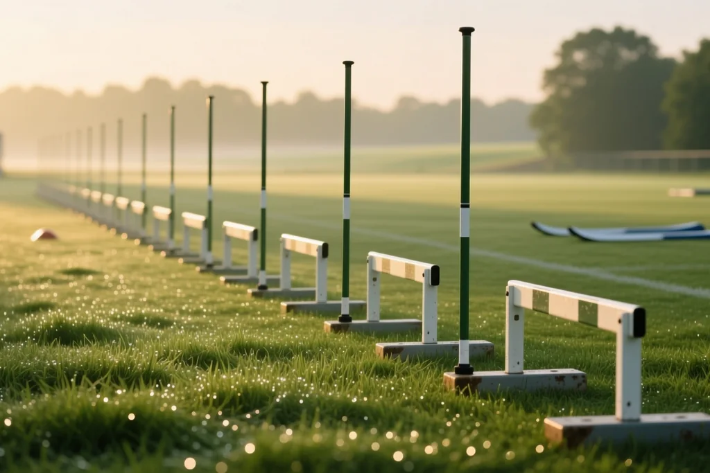 Slalom poles and mini hurdles set out on a training pitch