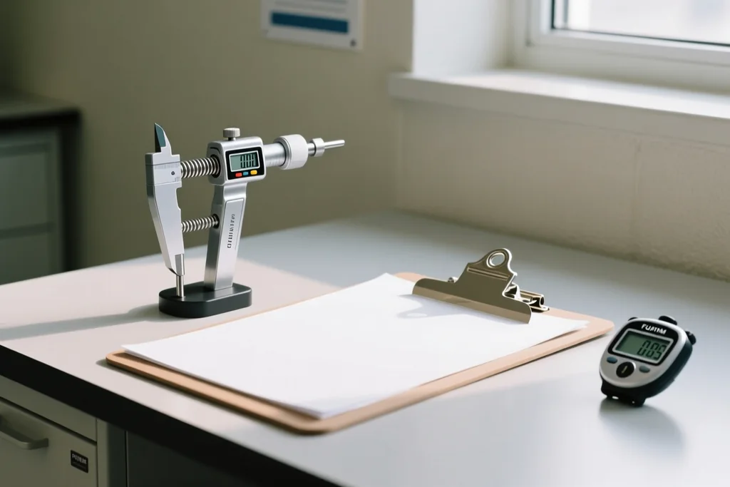 Sports science testing sheet and a hand grip dynamometer on a desk