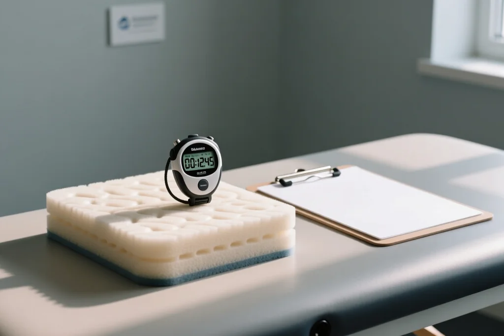 Balance testing equipment and a stopwatch on a treatment table