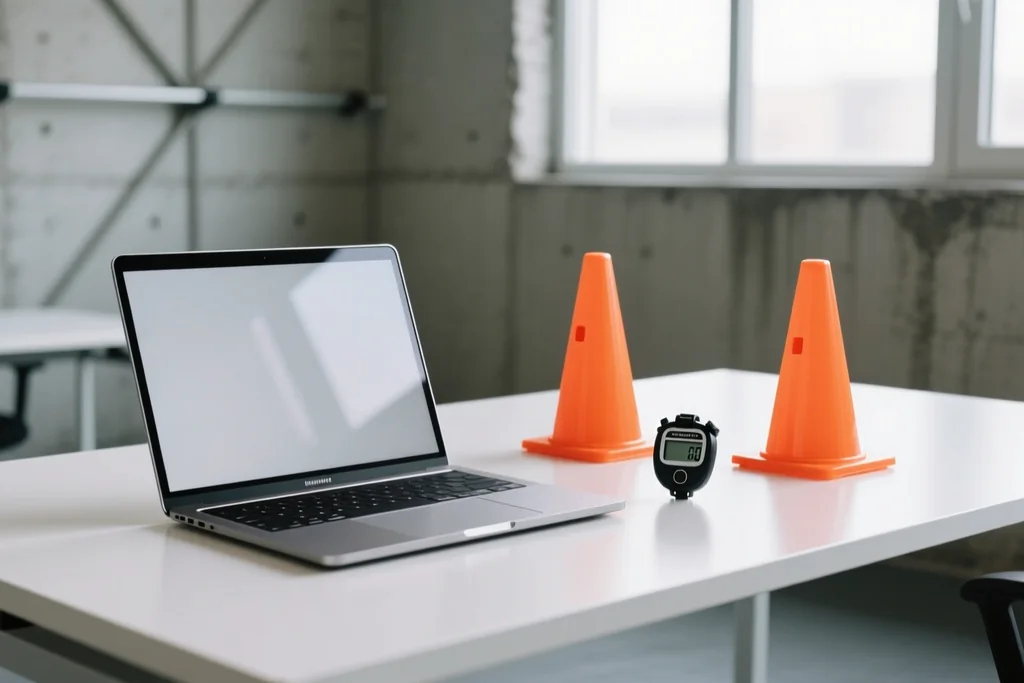 Laptop showing training load charts on a desk in a gym office