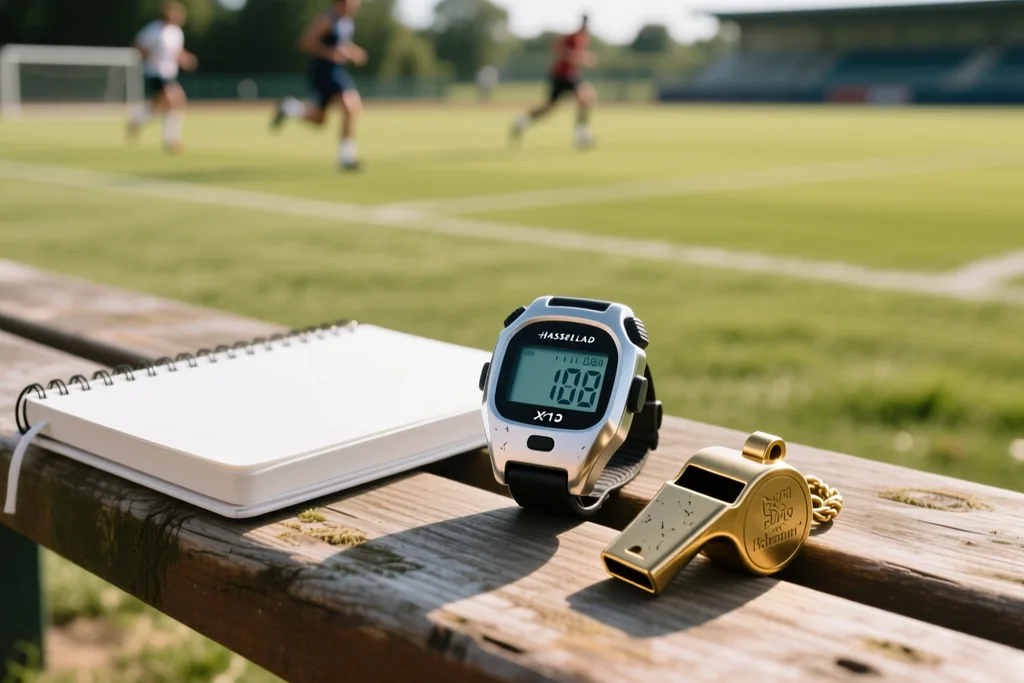Stopwatch and a notebook on a bench pitchside