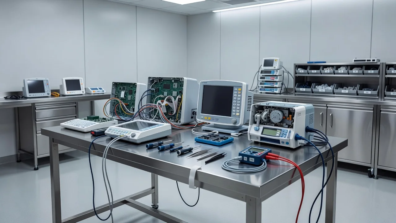 Biomedical engineering workshop with medical equipment under maintenance