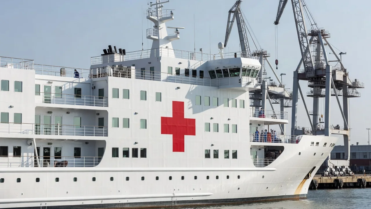 Large white hospital ship docked in an African port